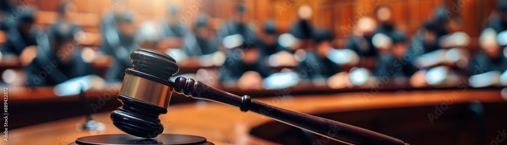 Wooden gavel on a desk in a courtroom setting, symbolizing justice, law, and legal proceedings with blurred background of judges. Wooden gavel on a desk in a courtroom setting, symbolizing justice, law, and legal proceedings with blurred background of judges.