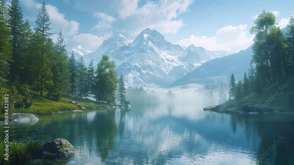 A serene mountain lake reflects surrounding trees and peaks on a clear day, showcasing the beauty of nature in a tranquil setting A serene mountain lake reflects surrounding trees and peaks on a clear day, showcasing the beauty of nature in a tranquil setting