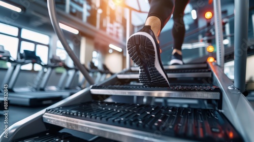 Woman walking on a stair climber at a modern gym. Focused on fitness and endurance training. Bright, energetic workout environment.