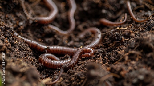 Close-up photograph of earthworms in soil, showcasing their natural habitat and importance in soil aeration and fertility. © Shining Pro