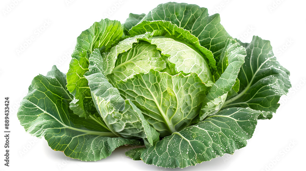 Fototapeta premium Fresh Green Cabbage with Water Droplets Isolated on White Background