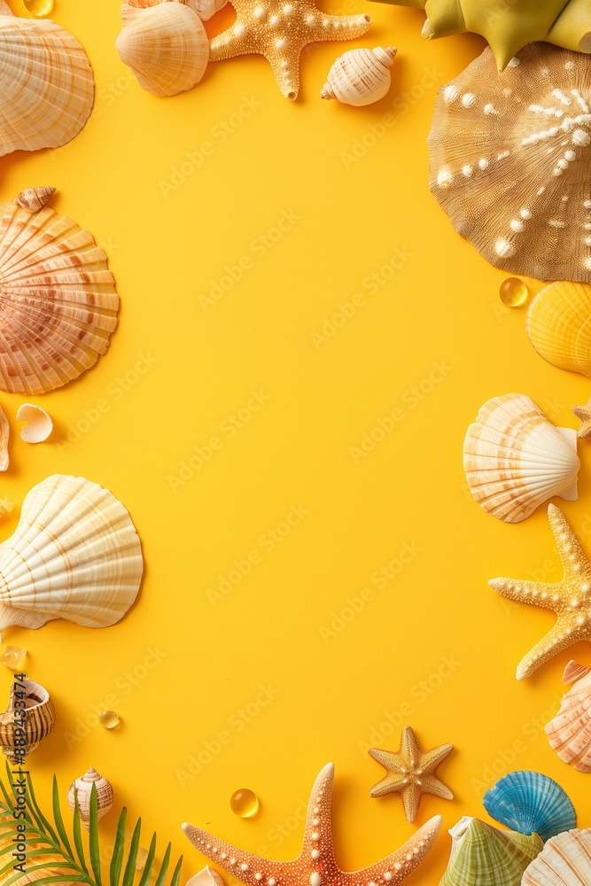 Fototapeta premium An inviting arrangement of seashells and starfish on a vibrant yellow background, evoking the spirit of the beach and summer.