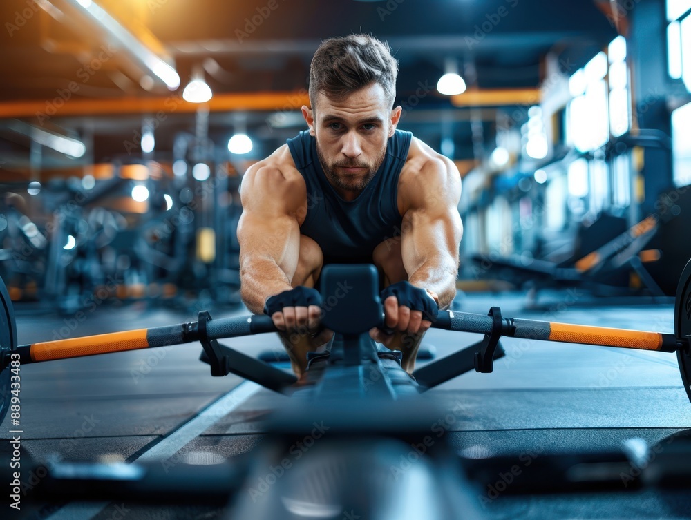 Man focused on a rowing exercise in a modern gym with vibrant lighting, showcasing fitness dedication and strength training. Man focused on a rowing exercise in a modern gym with vibrant lighting, showcasing fitness dedication and strength training.