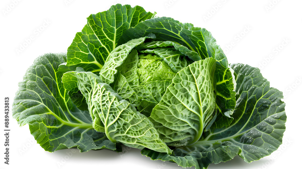 Obraz premium Fresh Green Cabbage with Water Droplets Isolated on White Background