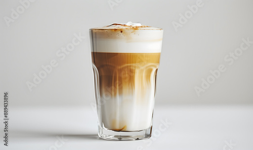 Layered Latte Macchiato in a Tall Glass on a White Background