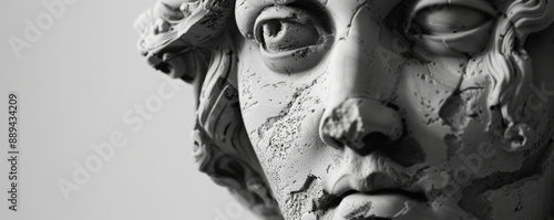 Detailed monochrome sculpture of Nemesis, the Greek goddess, with a stern and unforgiving expression.