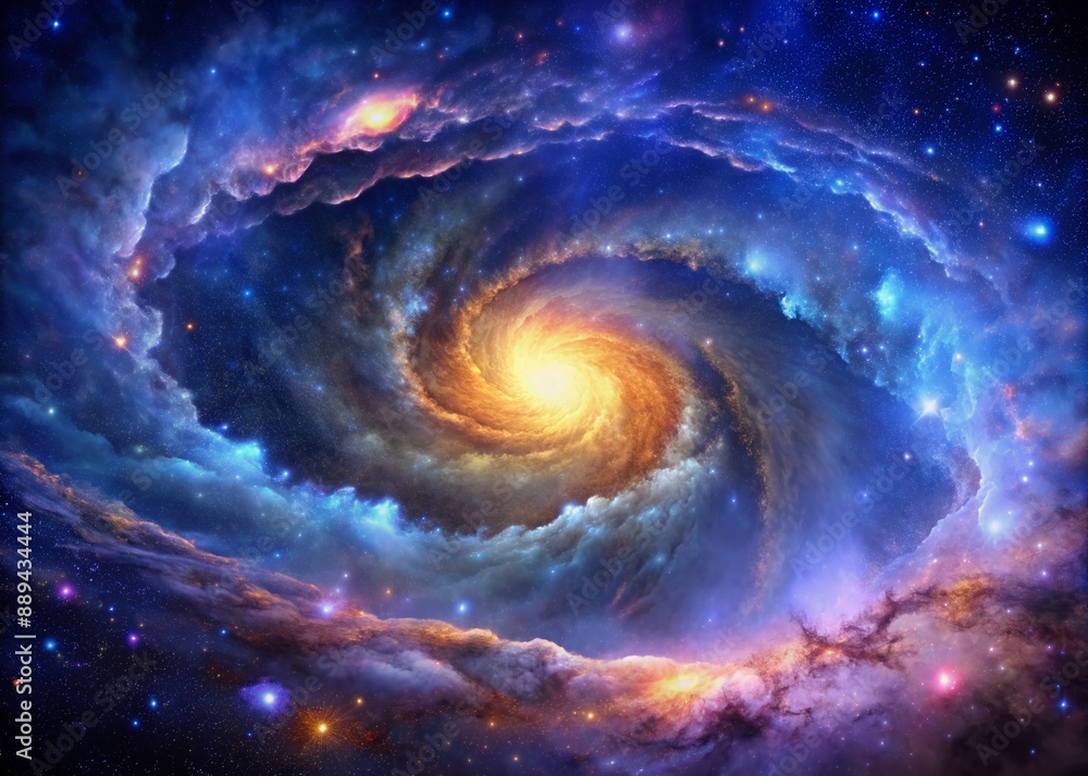 Obraz premium Vibrant, swirling clouds of gas and dust illuminate a stunning, star-filled galaxy, set against a mesmerizing, deep blue and purple cosmic background panorama.