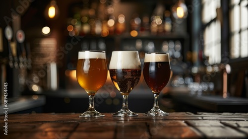 three glasses of different types of beer sitting on wooden table in dimly lit bar, with copy space