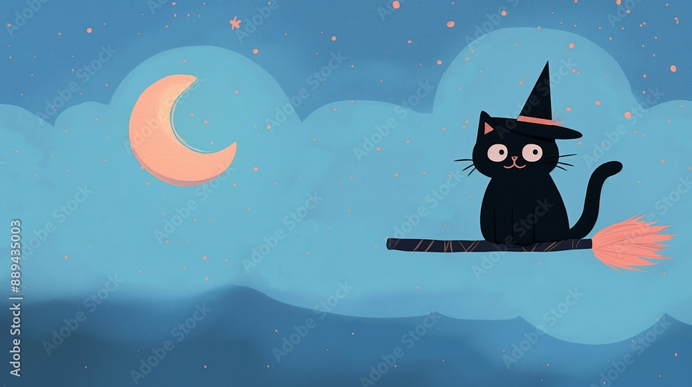 Naklejka premium Black Cat on Broom with Witch Hat Flying Under Crescent Moon in Spooky Halloween Night Sky Illustrated with Blue Clouds