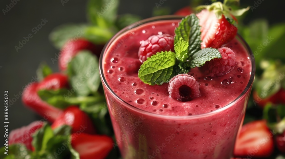A refreshing berry smoothie made with fresh strawberries and raspberries, garnished with mint leaves, perfect for a healthy and delicious drink. A refreshing berry smoothie made with fresh strawberries and raspberries, garnished with mint leaves, perfect for a healthy and delicious drink.