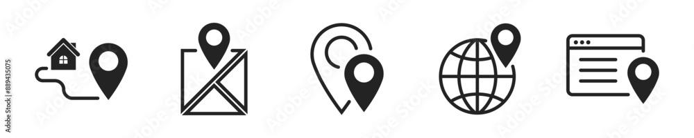 Map icon set. Set of 5 outline icons related to map. Linear icon collection. Map outline icons collection. Editable stroke. Vector illustration. Map icon set. Set of 5 outline icons related to map. Linear icon collection. Map outline icons collection. Editable stroke. Vector illustration.