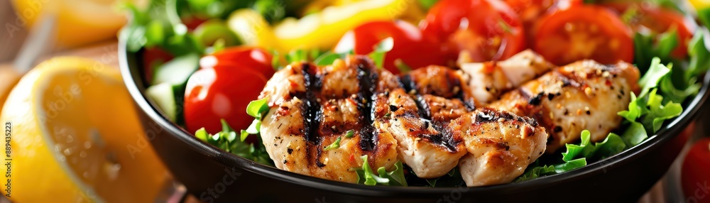 A fresh salad with grilled chicken, tomatoes, and bell peppers served in a black bowl. Perfect for a healthy meal or lunch option.