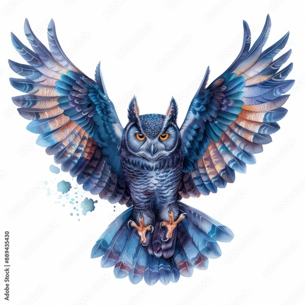 Obraz premium A detailed watercolor painting of an enchanted owl dressed in a mesmerizing midnight costume