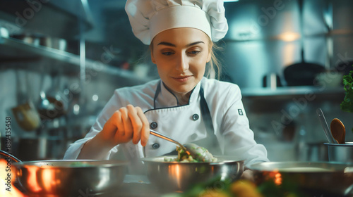 Female chef cooking in restaurant, young pretty woman in kitchen, dressed in white culinary uniform, hat smiling preparing delicious food, gastronomy meal, tasty dish in pan on electric stove, menu.