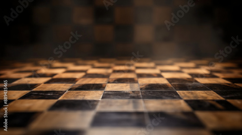 Close-up of empty chessboard, dark background filled with black and white squares symbolizing chess, strategic games sports win or victory, and intelligence, blank copy space wooden surface, checkmate