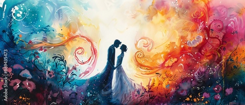 Enchanted Love Watercolor Illustration of Bride and Groom in Fantasy Setting with Whimsical Elements and Vibrant Colors
