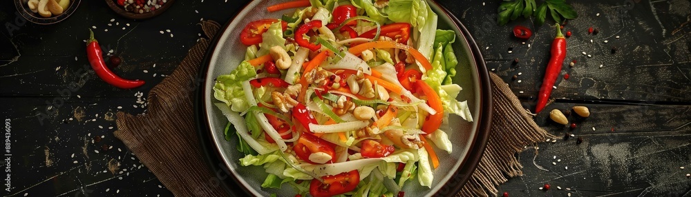 Fresh and colorful vegetable salad on a dark rustic table with lettuce, bell peppers, and nuts. Fresh and colorful vegetable salad on a dark rustic table with lettuce, bell peppers, and nuts.