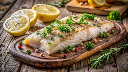 Freshly baked cod fish fillet on a rustic wooden platter, garnished with lemon and herbs, highlighting omega-3 rich nutrition and a healthy seafood dinner option.