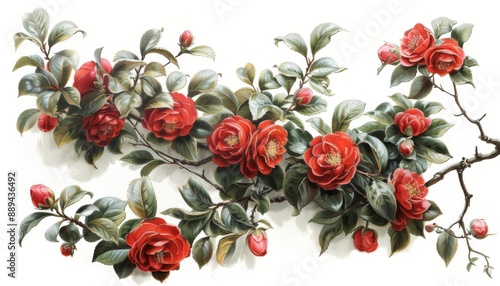 Wallpaper Mural A camellia bush, red flowers, classic painting, isolated on white background Torontodigital.ca
