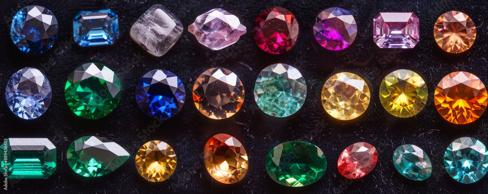 Overhead top down view of a collection of different gemstones arranged on a black velvet surface. The gemstones include sapphires, emeralds, and rubies, each one showcasing its unique color and Overhead top down view of a collection of different gemstones arranged on a black velvet surface. The gemstones include sapphires, emeralds, and rubies, each one showcasing its unique color and