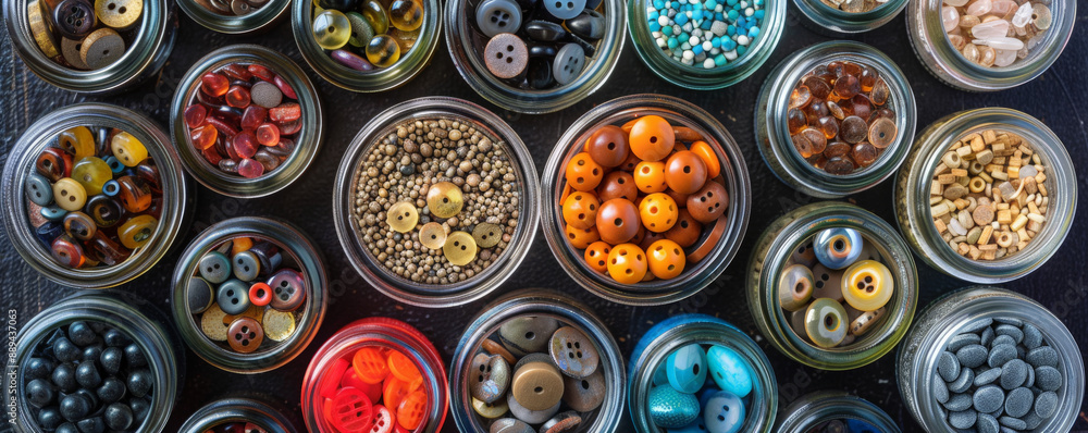 Overhead top down view of a collection of different types of buttons displayed in a glass jar. The assortment includes various colors, sizes, and designs, each button highlighting its unique Overhead top down view of a collection of different types of buttons displayed in a glass jar. The assortment includes various colors, sizes, and designs, each button highlighting its unique