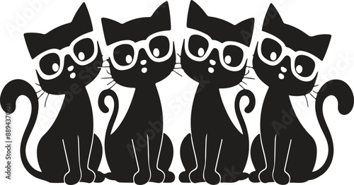 four silhouette cat on transparent background, vector design
