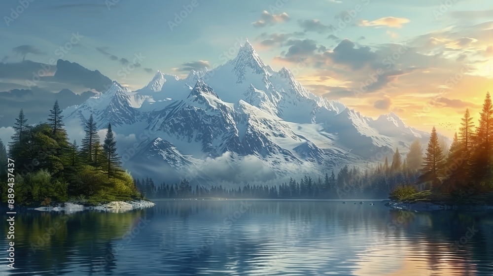 Serene mountain lake under a clear sky at sunset time. Serene mountain lake under a clear sky at sunset time.