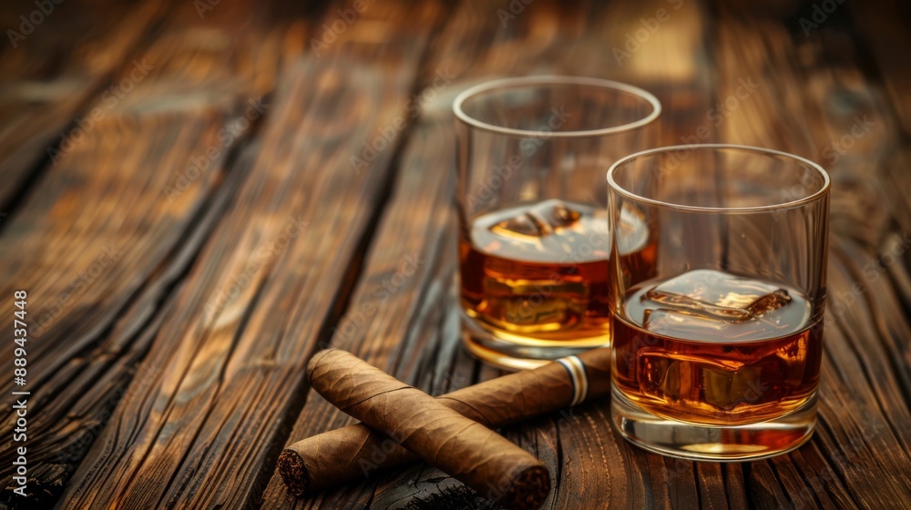 Two glasses of whiskey and a cigar on a wooden table. Concept Whiskey, Cigar, Wooden Table, with copy space Two glasses of whiskey and a cigar on a wooden table. Concept Whiskey, Cigar, Wooden Table, with copy space