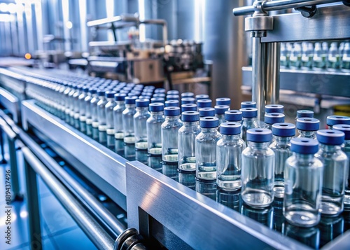 Rows of sterile medical vials move synchronously along a modern production line in a state-of-the-art pharmaceutical factory, embodying precision and quality control.