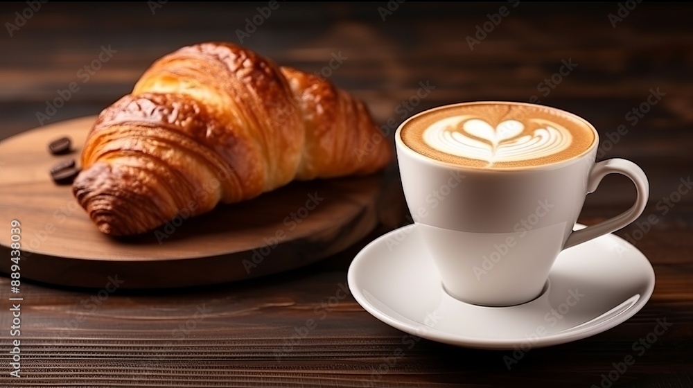 Cappuccino cup with lush foam and a fresh croissant on a wooden background Cappuccino cup with lush foam and a fresh croissant on a wooden background