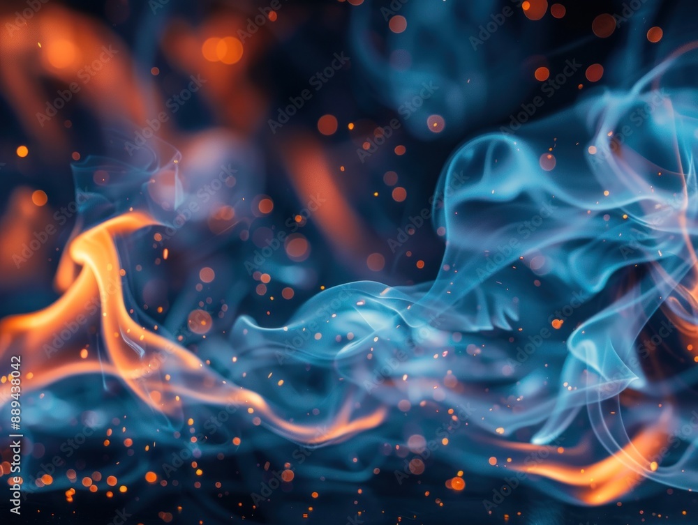 Obraz premium Fiery Blue Flames and Orange Sparks on Dark Background