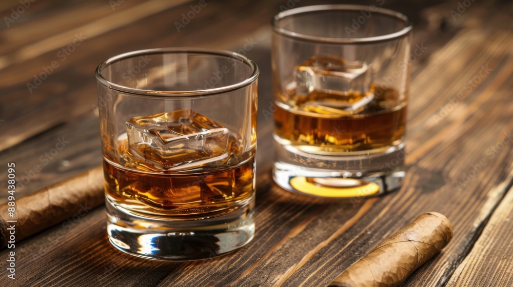 Two glasses of whiskey and a cigar on a wooden table. Concept Whiskey, Cigar, Wooden Table, with copy space Two glasses of whiskey and a cigar on a wooden table. Concept Whiskey, Cigar, Wooden Table, with copy space