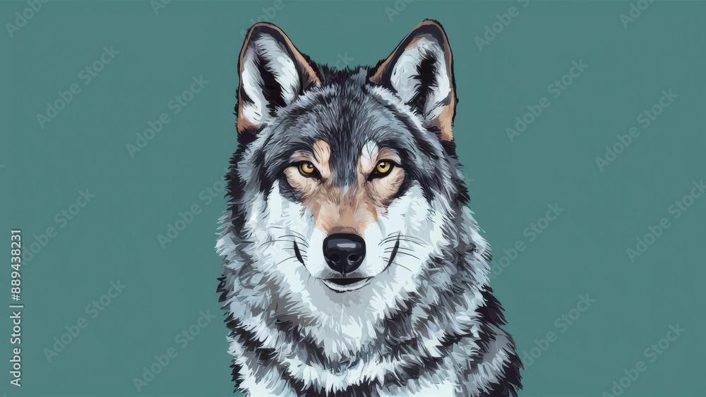 Fototapeta premium A wolf is shown in a painting on the green background, AI