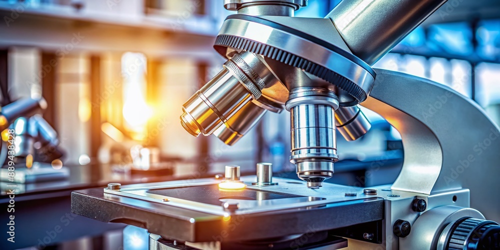 Close-up of microscope with metal lens at modern scientific laboratory backdrop. Medical research concept Generative AI Close-up of microscope with metal lens at modern scientific laboratory backdrop. Medical research concept Generative AI