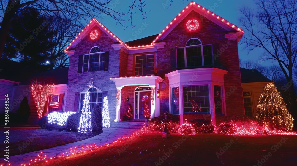 The house was decorated with American flags and red, white, and blue lights. The house was decorated with American flags and red, white, and blue lights.