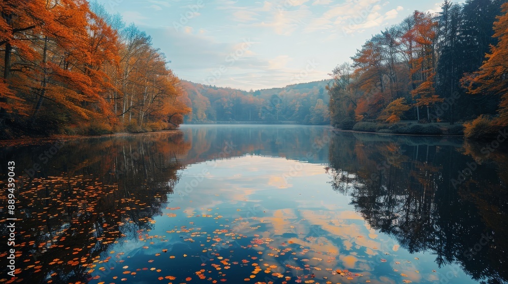 Obraz premium A peaceful lake surrounded by autumn trees, with leaves reflecting in the calm water, creating a mirror effect