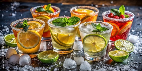 A colorful arrangement of four glasses filled with refreshing cocktail, garnished with lemon wedges and sugared rims, surrounded by scattered ice cubes and citrus slices. photo