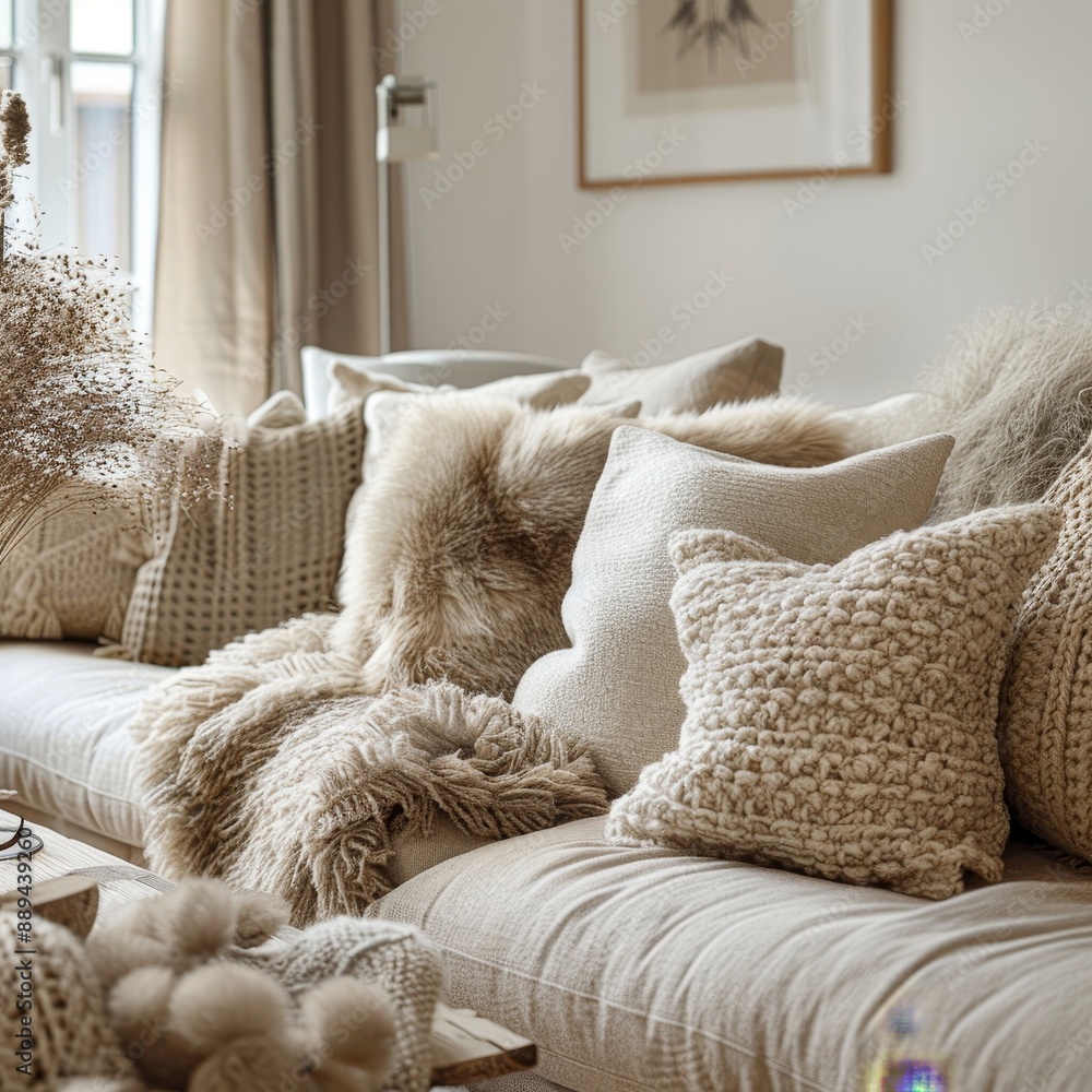 Beige sofa with fur pillows and chunky knit blanket. Scandinavian, hygge home interior design of modern living room, Generative AI Beige sofa with fur pillows and chunky knit blanket. Scandinavian, hygge home interior design of modern living room, Generative AI