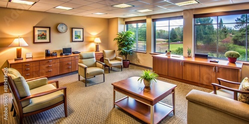 A warm and inviting medical office atmosphere is conveyed through a neat desk, comfortable seating, and plenty of natural light, symbolizing care and trust. photo