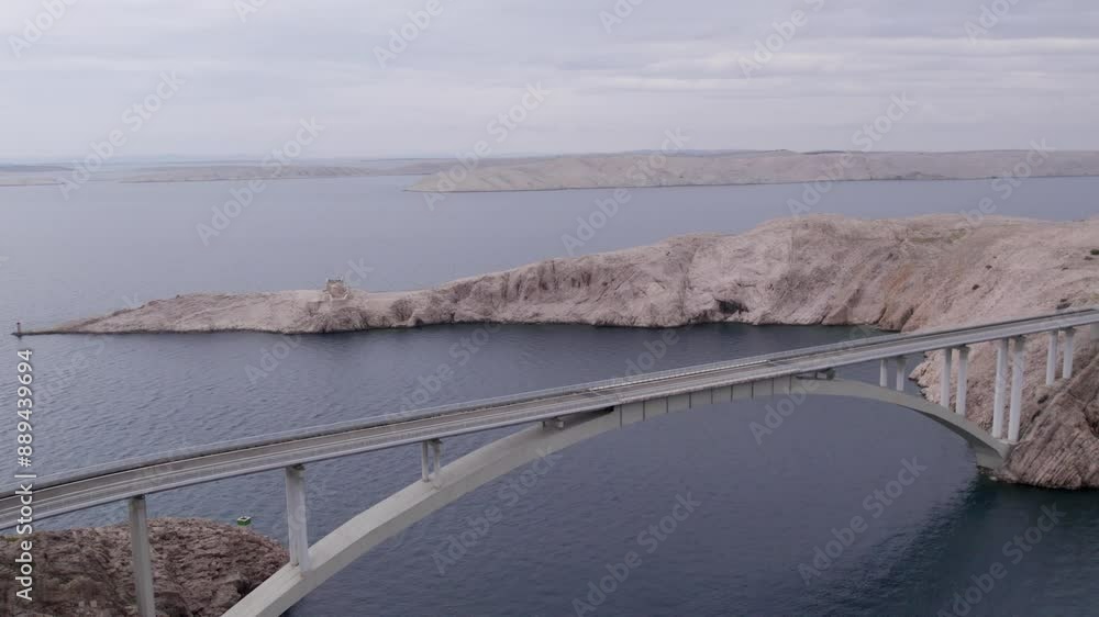 Aerial view of Pag Bridge and rocky seaside cliff, Pag, Croatia. Aerial view of Pag Bridge and rocky seaside cliff, Pag, Croatia.