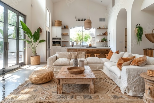 Boho, farmhouse home interior design of modern living room, Generative AI