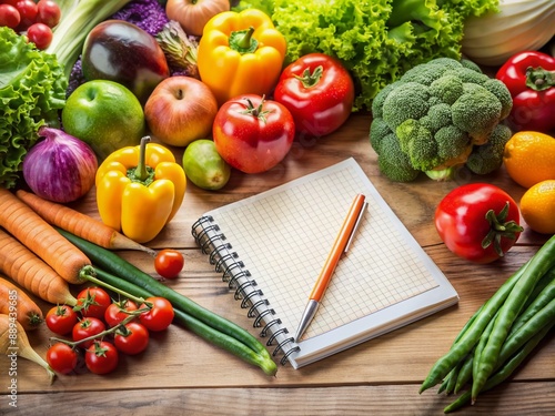 Fresh vegetables and fruits arranged on a table, with a notebook and pen, emphasizing the importance of a balanced diet for optimal health. photo