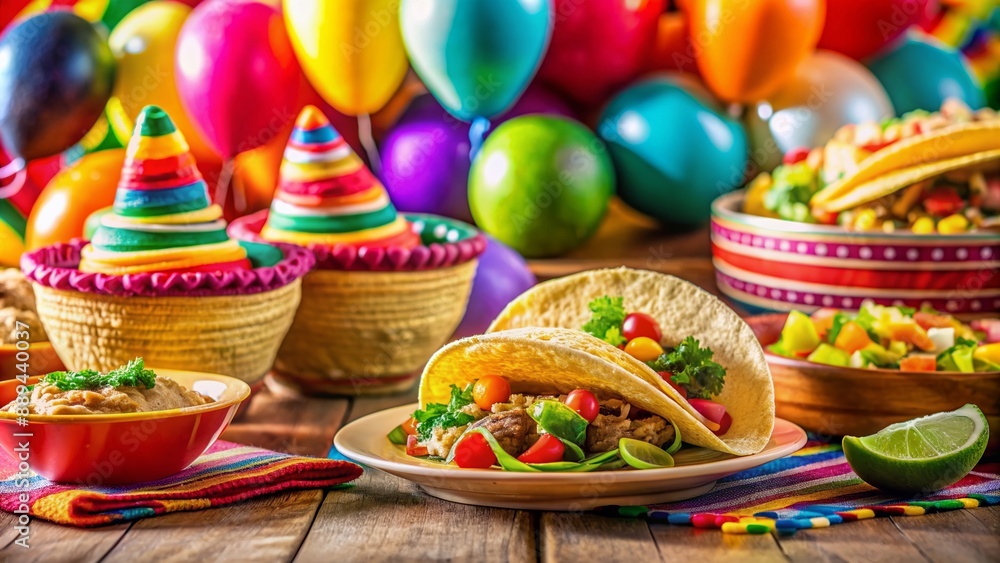 Vibrant table setting with colorful sombreros, tacos, guacamole, margaritas, and piñatas, against a blurred background of festive decorations and balloons. Vibrant table setting with colorful sombreros, tacos, guacamole, margaritas, and piñatas, against a blurred background of festive decorations and balloons.