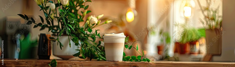 Cozy coffee shop corner with greenery and a latte in soft morning light, creating a relaxing and inviting atmosphere. Cozy coffee shop corner with greenery and a latte in soft morning light, creating a relaxing and inviting atmosphere.