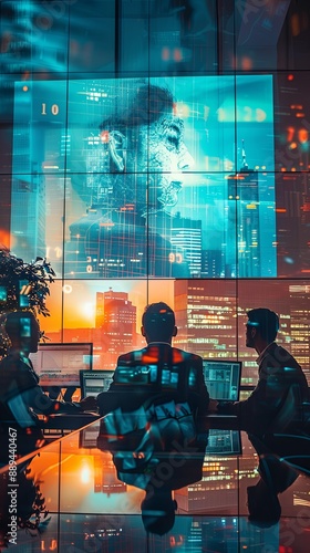 Futuristic Control Room Overlooking Cityscape at Night