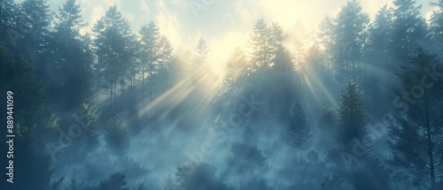 Misty redwood forest at dawn, beams of light breaking through the fog, creating an ethereal atmosphere , 3D style photo