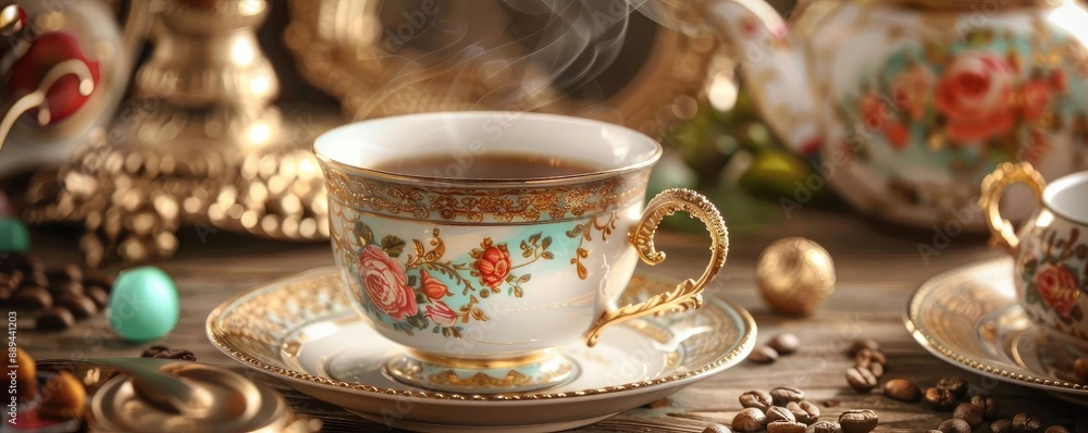 Elegant porcelain teacup with intricate floral design, steaming with fresh tea, set amidst a vintage tea set and decor. Elegant porcelain teacup with intricate floral design, steaming with fresh tea, set amidst a vintage tea set and decor.