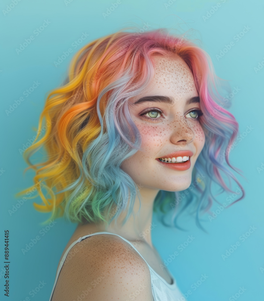 Fototapeta premium Young girl with pastel rainbow hair and freckles, exuding whimsical and ethereal vibe against soft blue background