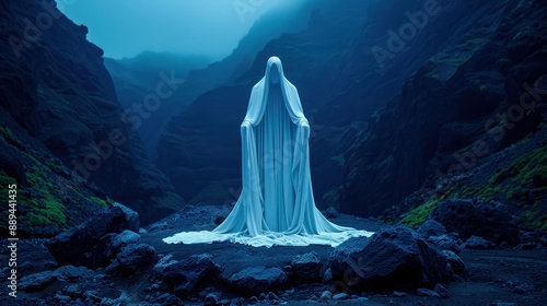 Mysterious figure in a flowing white cloak standing alone in a dark, misty, canyon setting with an ethereal blue atmosphere. photo