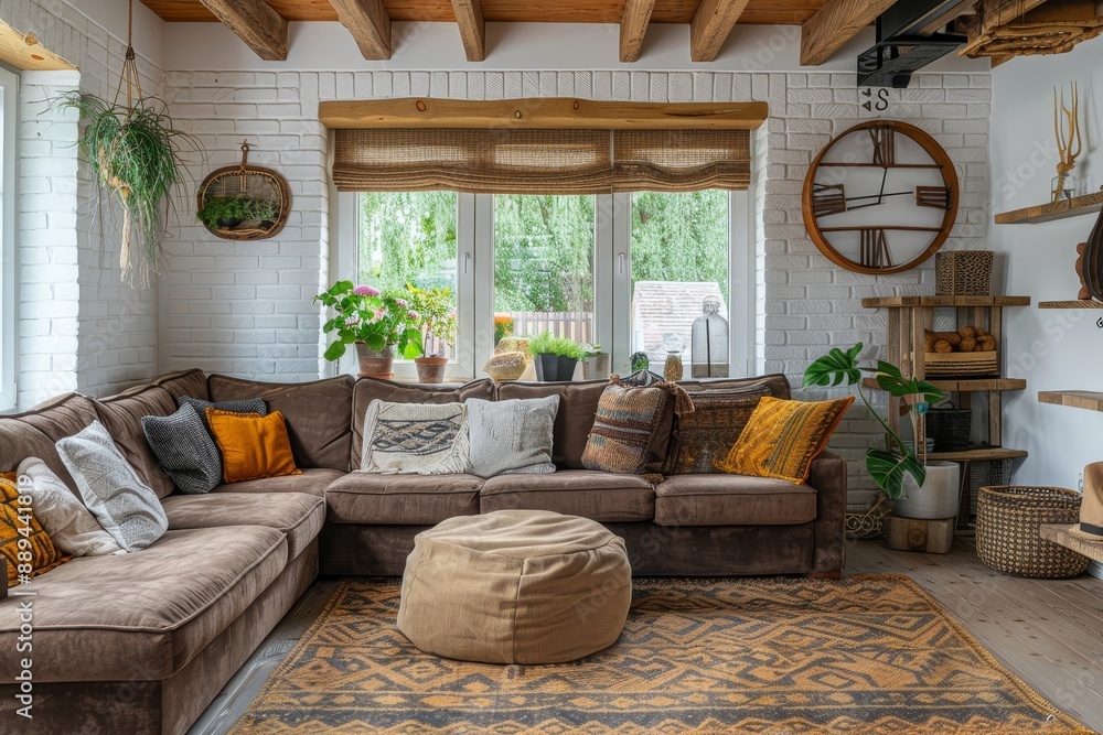 Boho style home interior design of modern living room, Generative AI Boho style home interior design of modern living room, Generative AI